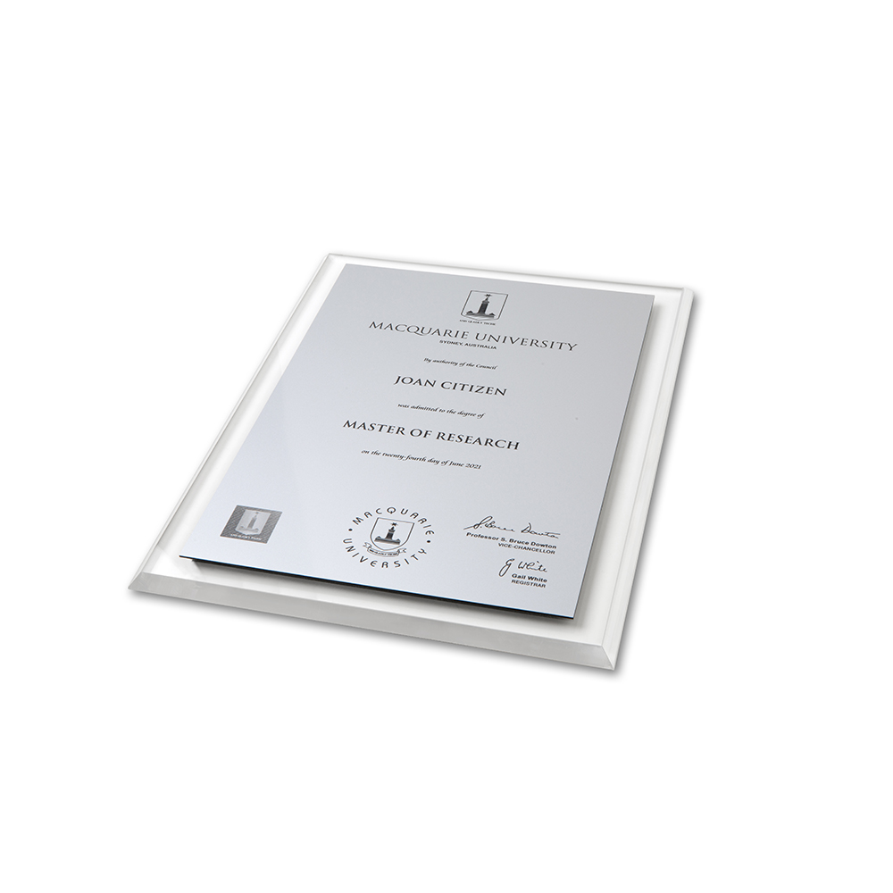 Macquarie University Plaque – Large Clear Acrylic with Gold/Silver Plate –  Ambassador Productions